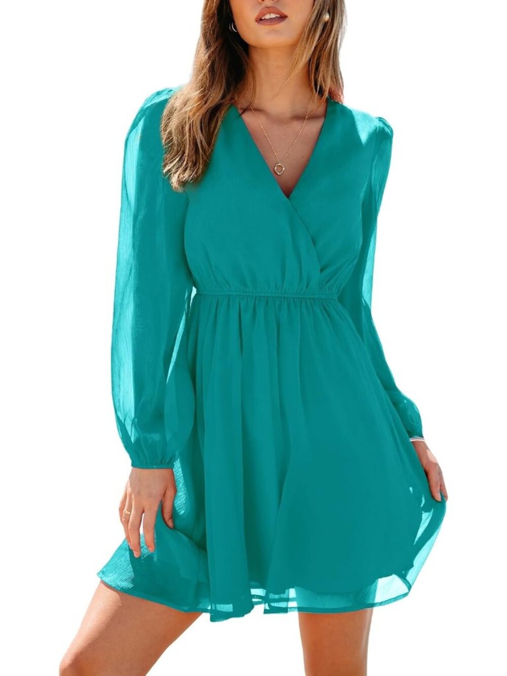 Women's Teal Fall Floral Long Sleeve V Neck Boho Mini Wedding Guest Dresses